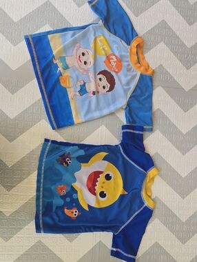 Kids Blue Shark & Cartoon Rash Guard Swim Tops - Set of 2
